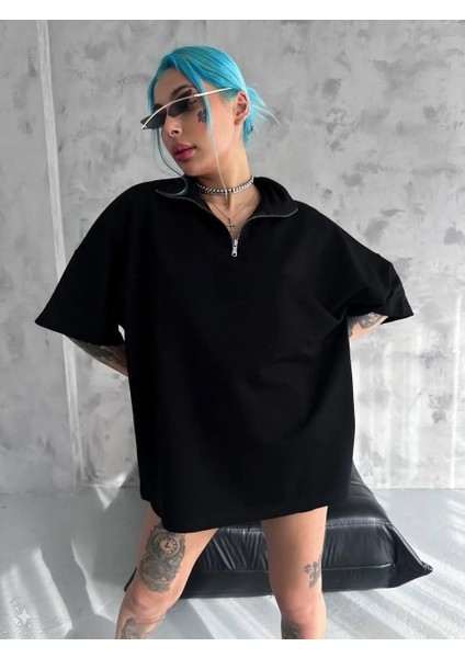 Unisex Yarım Fermuarlı Basic T-Shirt - Siyah