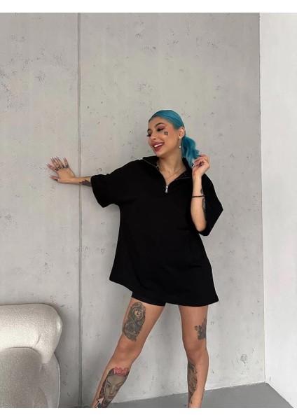 Unisex Yarım Fermuarlı Basic T-Shirt - Siyah modelleri
