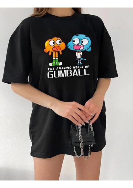 Kadın Bisiklet Yaka Baskılı Oversize T-Shirt - Siyah fiyatları