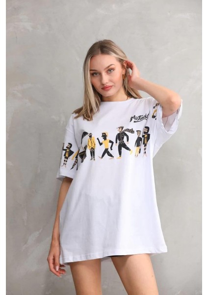 Unisex Bisiklet Yaka Baskılı Oversize T-Shirt - Beyaz fiyatları