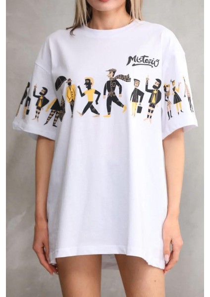 Unisex Bisiklet Yaka Baskılı Oversize T-Shirt - Beyaz modelleri