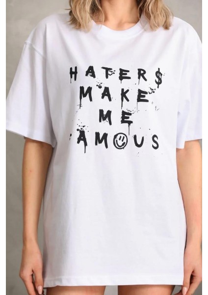 Unisex Baskılı Oversize T-Shirt - Beyaz modelleri