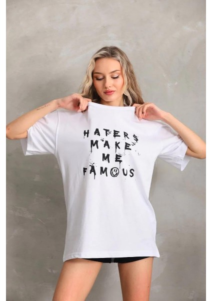 Unisex Baskılı Oversize T-Shirt - Beyaz indirimleri