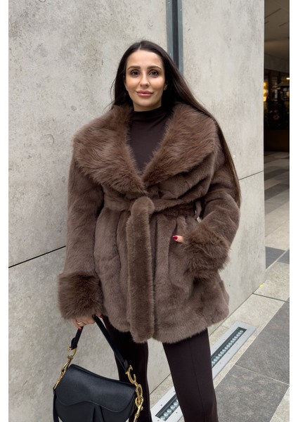 Marisse Bağlama Detay Oversize Kürk- Kahverengi