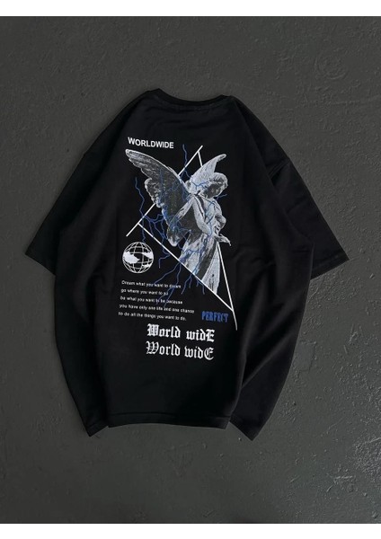 Unisex Bisiklet Yaka Baskılı Oversize T-Shirt - Siyah fiyatları