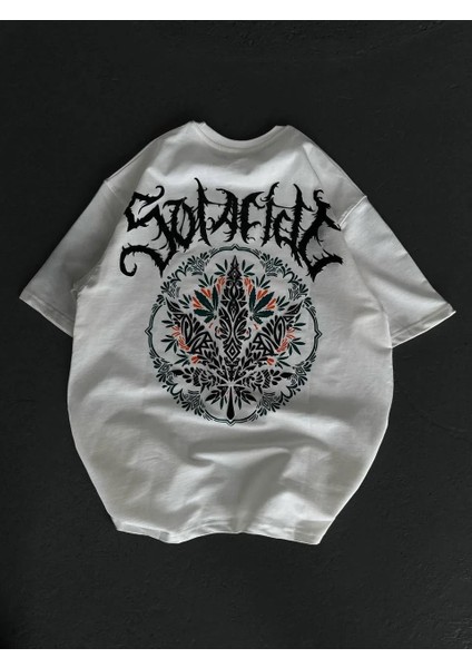 Unisex Bisiklet Yaka Baskılı Oversize T-Shirt - Beyaz fiyatları