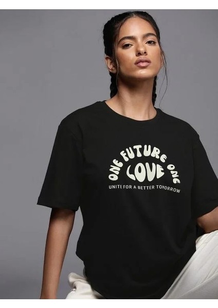 Kadın Baskılı Oversize T-Shirt - Siyah