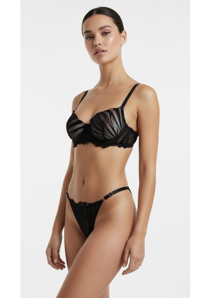 Kadın Siyah Zebra Desenli Transparan Iç Çamaşır Takımı