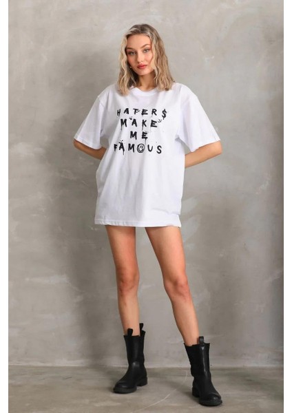 Unisex Baskılı Oversize T-Shirt - Beyaz