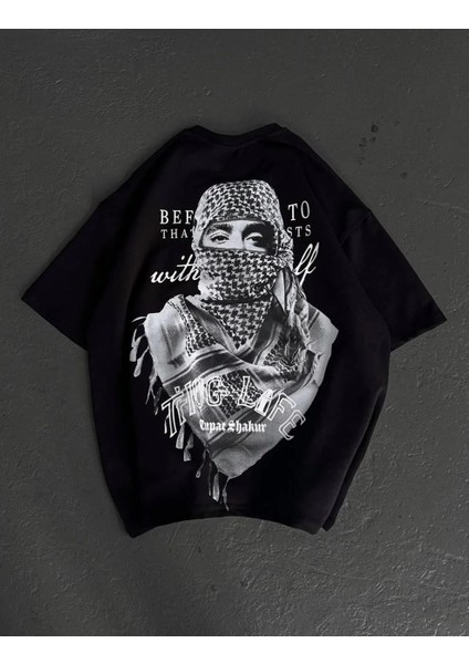 Unisex Baskılı Oversize T-Shirt - Siyah modelleri