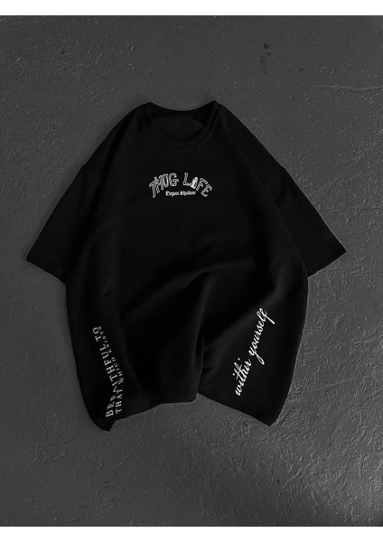 Unisex Baskılı Oversize T-Shirt - Siyah fırsatları