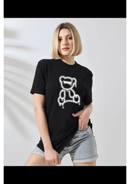 Unisex Kadın Bisiklet Yaka Baskılı T-Shirt - Siyah