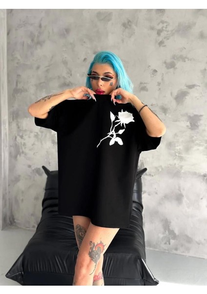 Unisex Bisiklet Yaka Baskılı Oversize T-Shirt - Siyah fiyatları