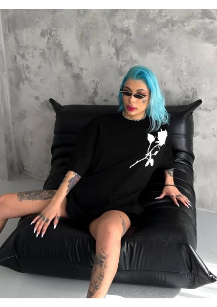 Unisex Bisiklet Yaka Baskılı Oversize T-Shirt - Siyah modelleri