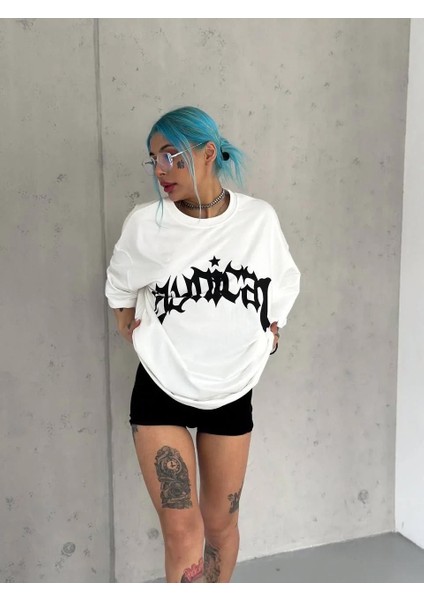 Unisex Bisiklet Yaka Baskılı Oversize T-Shirt - Beyaz fiyatları
