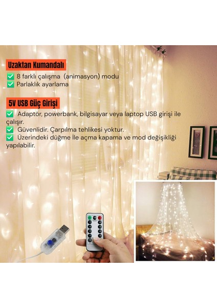 3x3 Metre Kumandalı 8 Modlu Askılı USB 300 LED Işıklı Perde Gün Işığı indirimleri