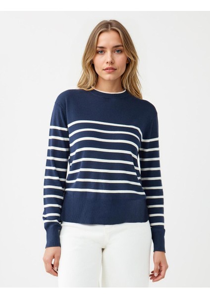 Çızgılı Bisiklet Yaka Uzun Kollu Yün Karışımlı Triko Kazak