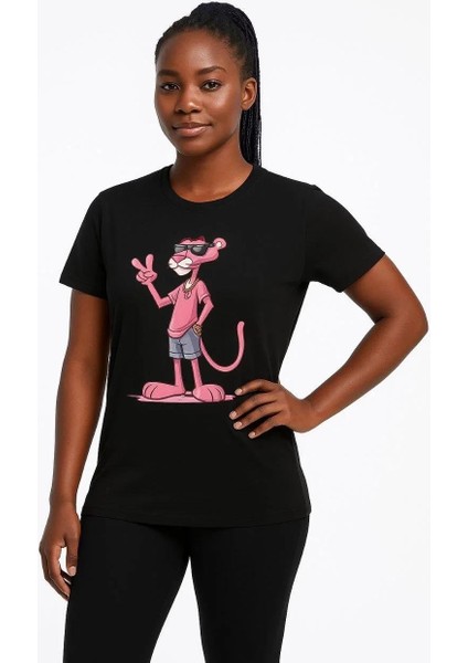 Kadın Bisiklet Yaka Kısa Kollu Baskılı T-Shirt - Siyah