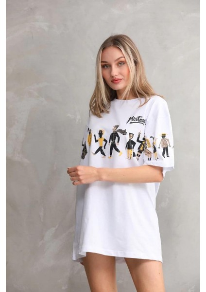 Unisex Bisiklet Yaka Baskılı Oversize T-Shirt - Beyaz indirimleri