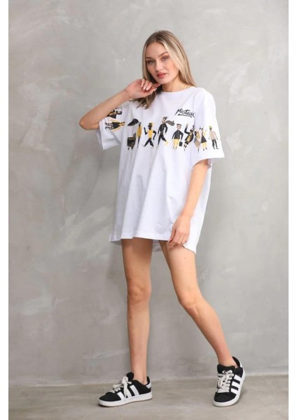 Unisex Bisiklet Yaka Baskılı Oversize T-Shirt - Beyaz