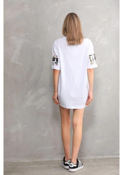 Unisex Bisiklet Yaka Baskılı Oversize T-Shirt - Beyaz