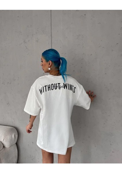 Unisex Bisiklet Yaka Baskılı Oversize T-Shirt - Beyaz modelleri