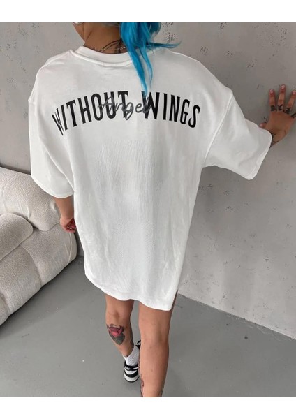 Unisex Bisiklet Yaka Baskılı Oversize T-Shirt - Beyaz fırsatları