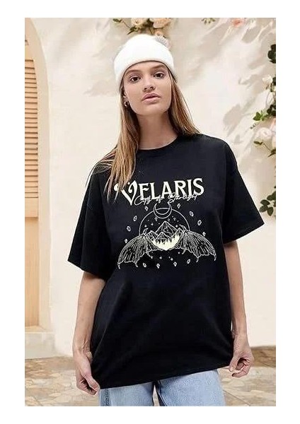 Kadın Bisiklet Yaka Baskılı T-Shirt - Siyah