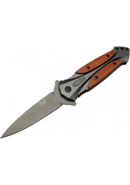 Eco Lounge Benchmade DA27B Gri Sivri Kamp Çakı 20CM - Yarı Otomatik, Kemerlikli, Kutulu, Ahşap - Metal Sap