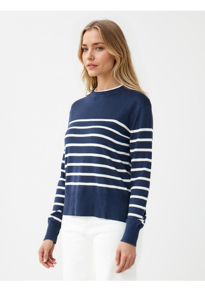 Çızgılı Bisiklet Yaka Uzun Kollu Yün Karışımlı Triko Kazak fırsatları