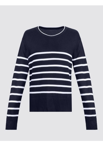 Çızgılı Bisiklet Yaka Uzun Kollu Yün Karışımlı Triko Kazak