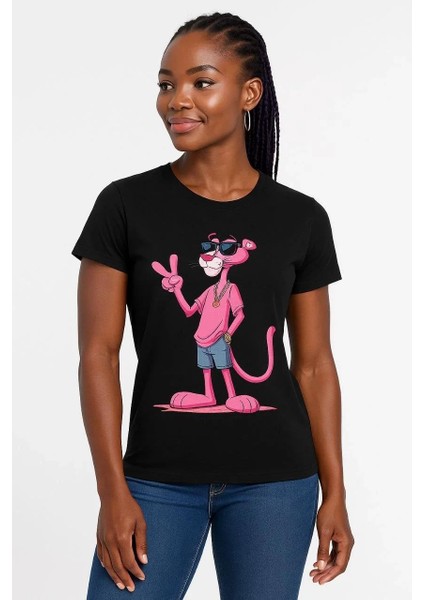 Kadın Bisiklet Yaka Kısa Kollu Baskılı T-Shirt - Siyah modelleri