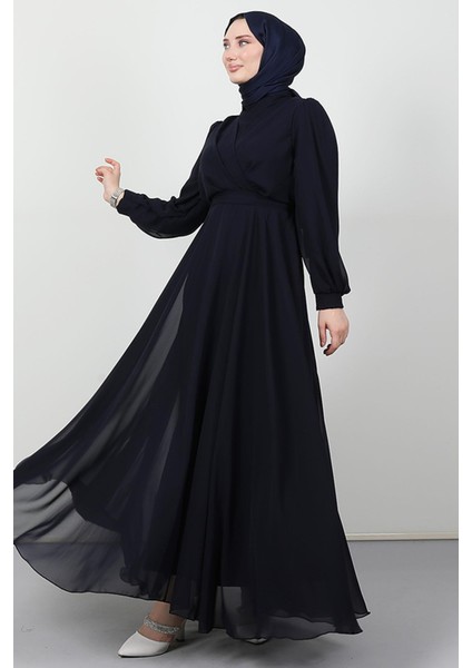 Önü Çapraz Şifon Elbise Lacivert