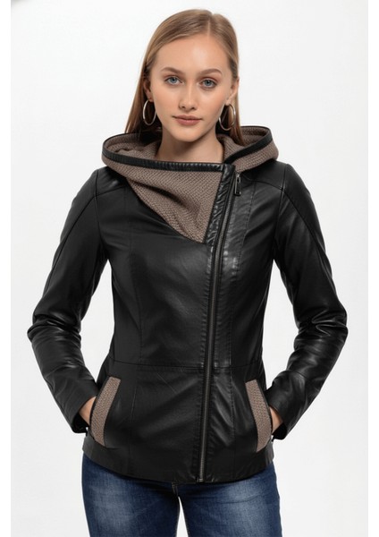 Siyah Antonia Triko Kapüşonlu Kadın Hakiki Deri Mont