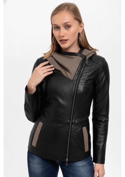 Siyah Antonia Triko Kapüşonlu Kadın Hakiki Deri Mont fiyatları