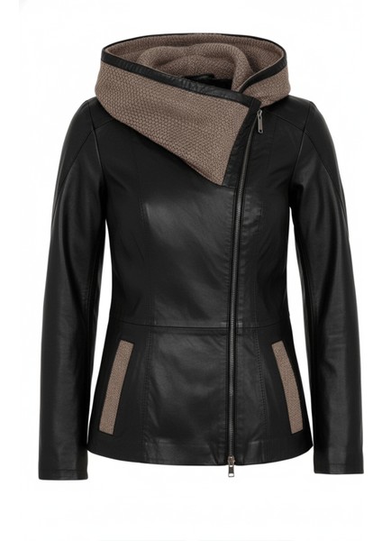 Siyah Antonia Triko Kapüşonlu Kadın Hakiki Deri Mont modelleri