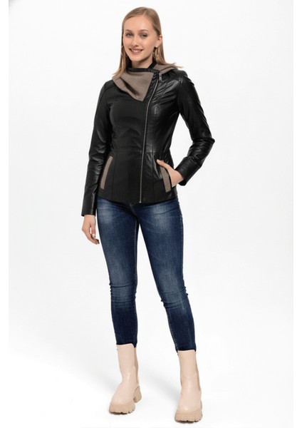 Siyah Antonia Triko Kapüşonlu Kadın Hakiki Deri Mont fırsatları