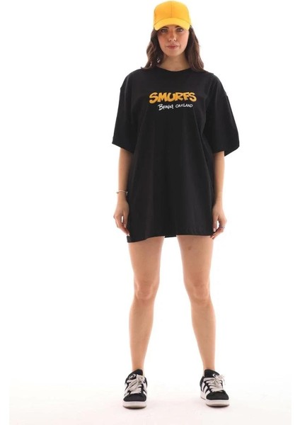 Unisex Bisiklet Yaka Baskılı Oversize T-Shirt - Siyah