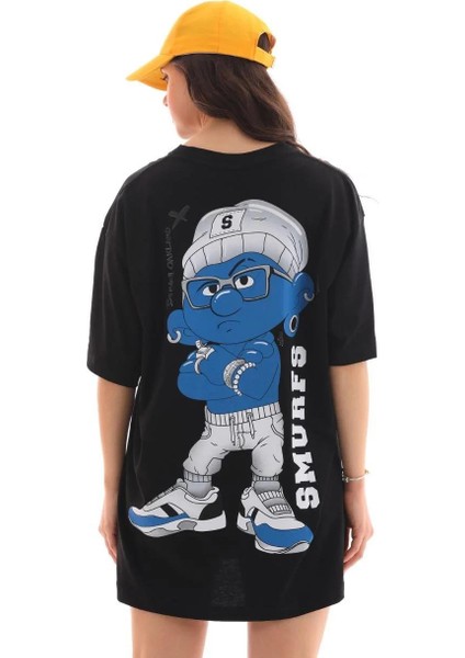 Unisex Bisiklet Yaka Baskılı Oversize T-Shirt - Siyah fiyatları