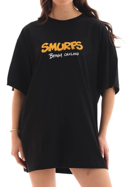 Unisex Bisiklet Yaka Baskılı Oversize T-Shirt - Siyah modelleri