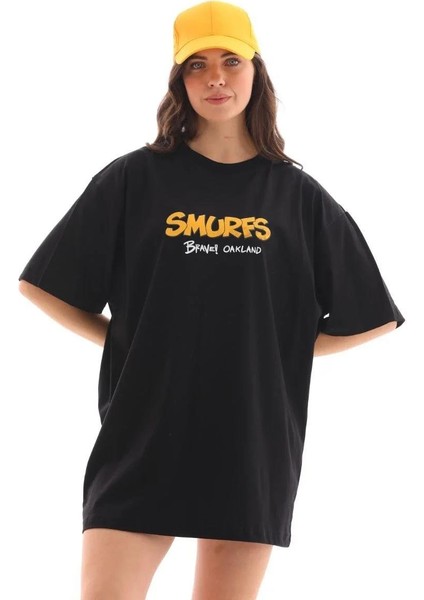 Unisex Bisiklet Yaka Baskılı Oversize T-Shirt - Siyah indirimleri