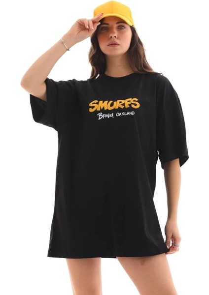 Unisex Bisiklet Yaka Baskılı Oversize T-Shirt - Siyah