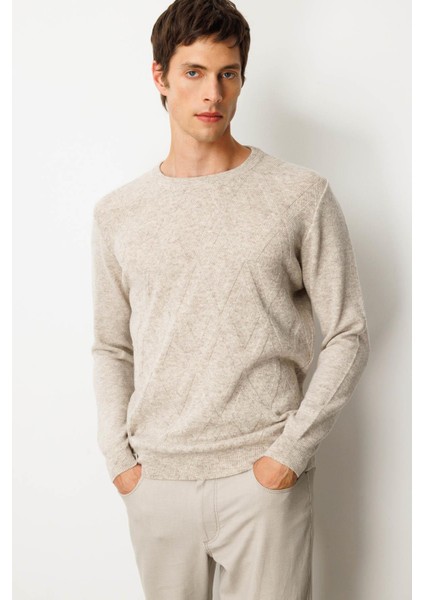 Erkek Sıfır Yaka Hasır Örgü Baklava Yürütmeli Yün Kazak V.bej