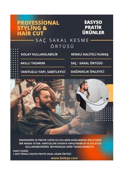 Easyso Desire Pratik Sakal Kesme Örtüsü, Siyah, Tela Kumaş Berber/kuaför Önlüğü Black Standart Boy Saç Kesme Örtüsü Vantuzlu fiyatları