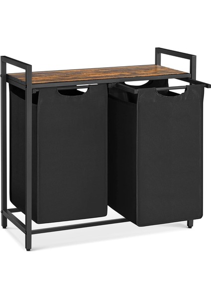 2 Bölmeli Çamaşır Sepeti, Raflı Çamaşır Sepeti, Çamaşır Kutusu, Kumaş, Metal Çerçeve, /siyah