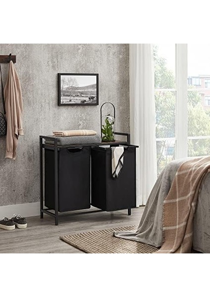 2 Bölmeli Çamaşır Sepeti, Raflı Çamaşır Sepeti, Çamaşır Kutusu, Kumaş, Metal Çerçeve, /siyah fiyatları