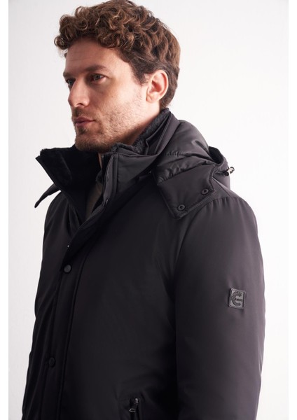 Siyah Çıkma Kapşonlu Dik Yaka Yırtmaçsız Esnek Classic Kaban 1008255165 fırsatları