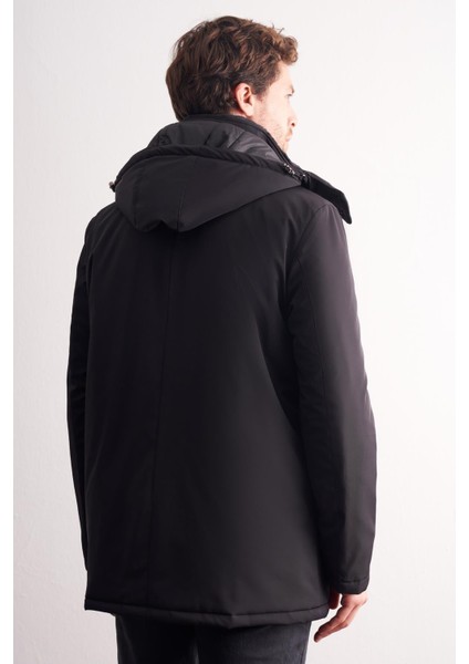 Siyah Çıkma Kapşonlu Dik Yaka Yırtmaçsız Esnek Classic Kaban 1008255165 indirimleri
