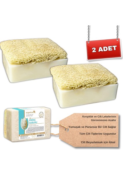 Organicsun Doğal Kabak Lifli Pirinç Sabunu 120 gr x 2 Adet Tüm Cilt Tipleri Için Beyazlatma Etkili E ve B Vitaminli modelleri