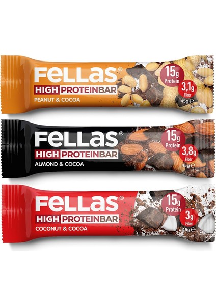 Fellas Yüksek Protein Bar, Karma Kutu (3 Çeşit), 45GR x 12 Adet